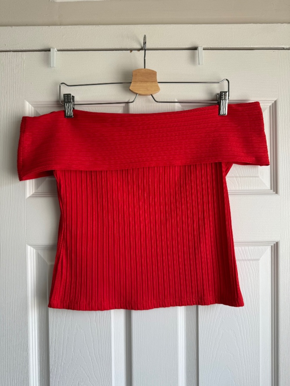 Madewell Ribbed Knit Off-the-Shoulder Short Sleeve Top Red Size M